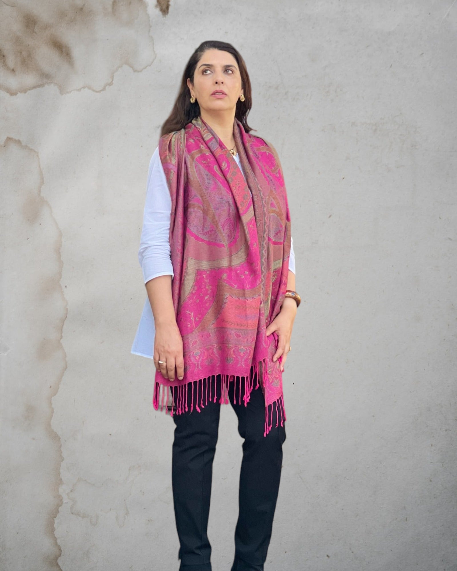 Fuschia Jamawar Pashmina Scarf Reversible Fringed Wrap - Rosetta Creative Boutique